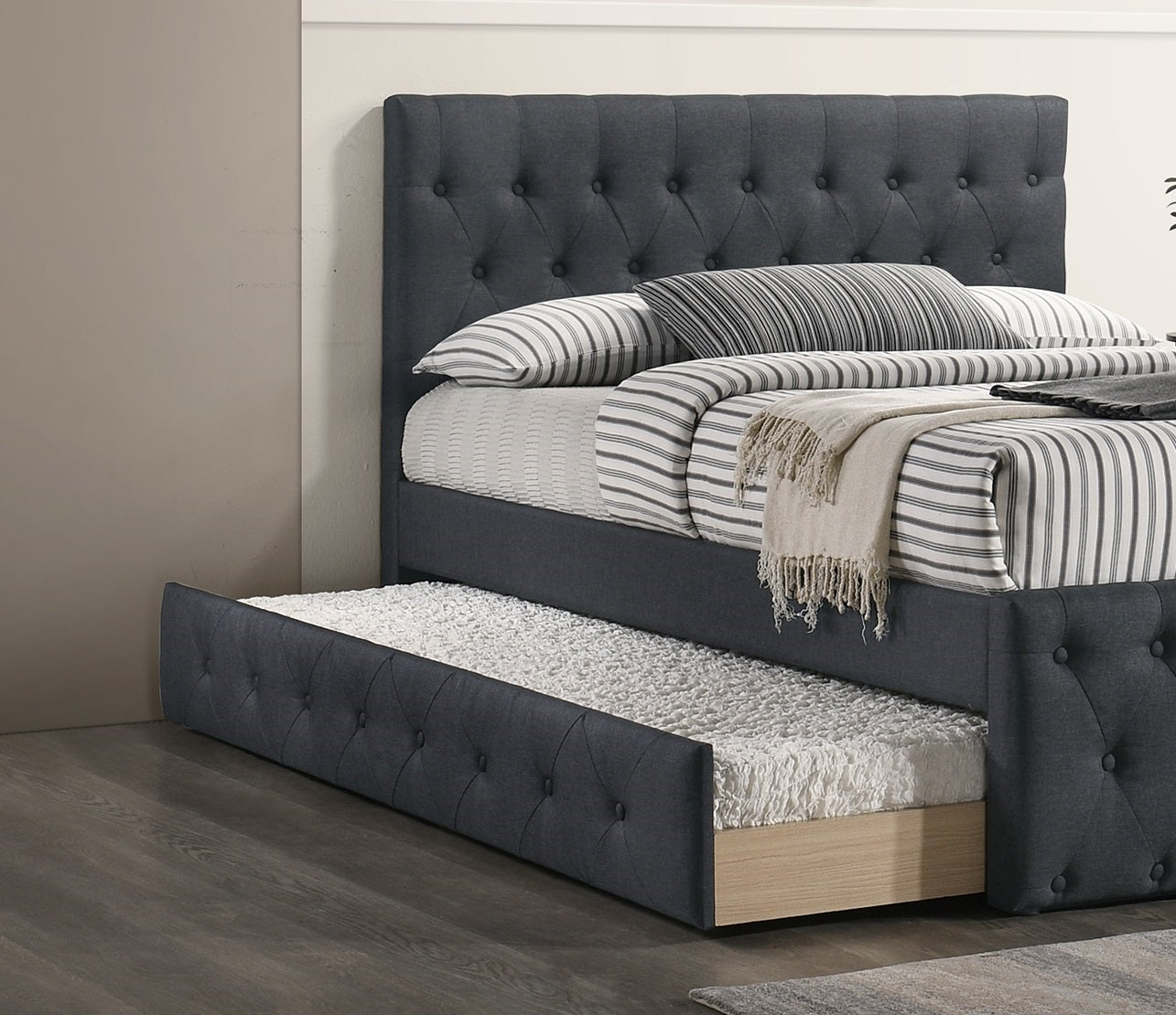 Charcoal Grey Burlap Upholstered Full Bed with Trundle for Bedroom