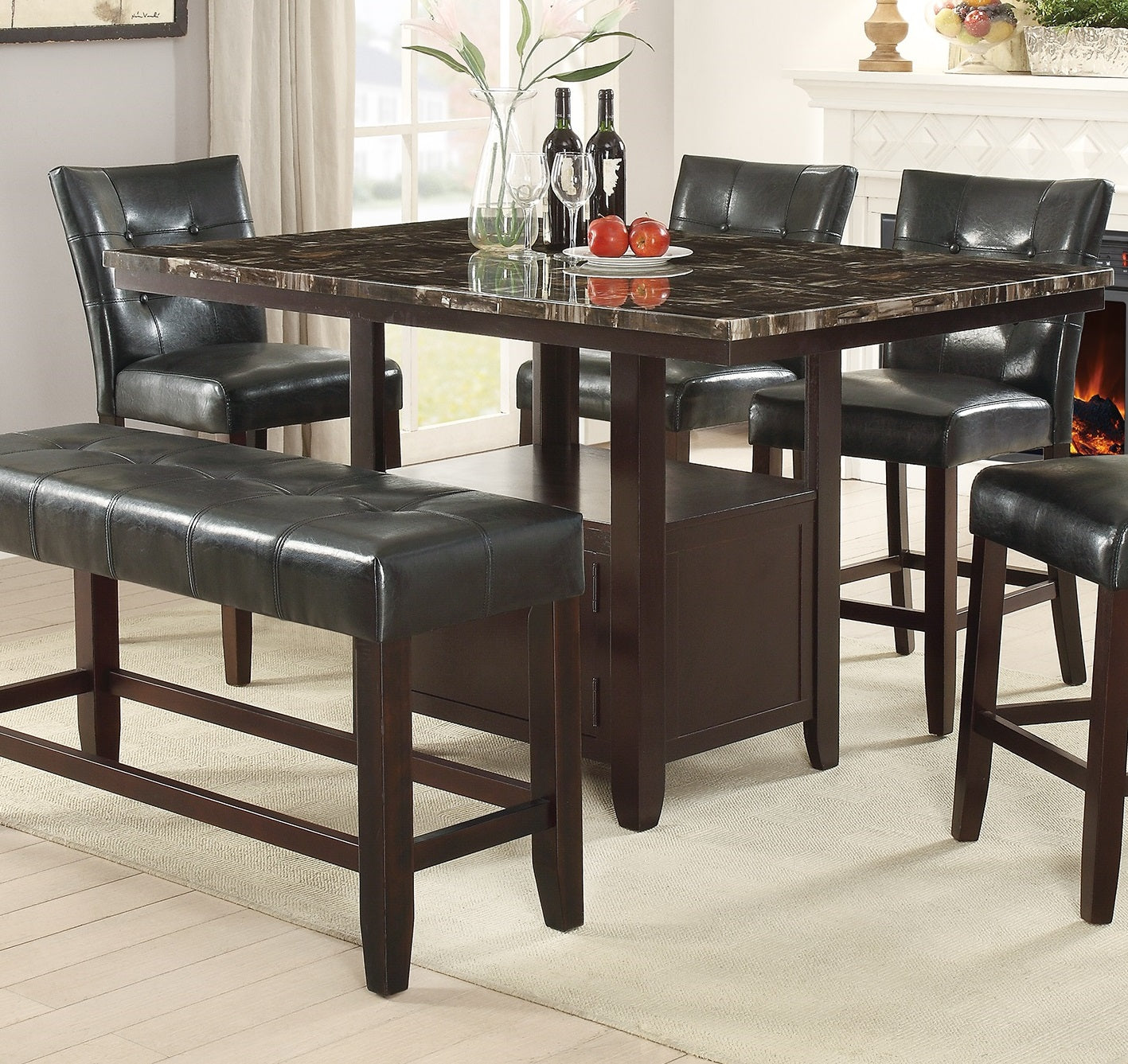 6-Person Dining Table with Bench Set - Black Brown Espresso for Dining Room