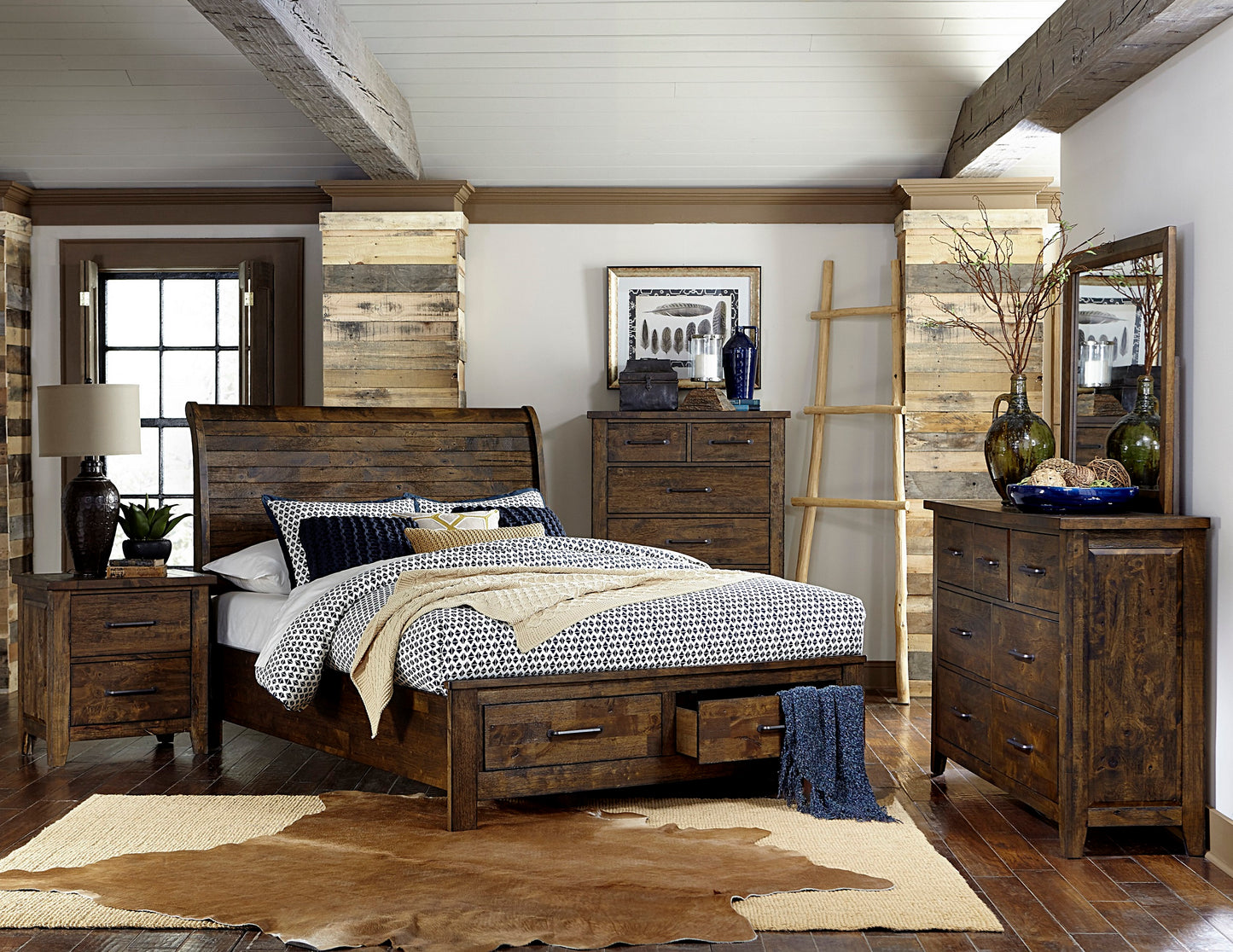 Classic Queen Bed with Storage - Brown Mix Wood Platform Bed