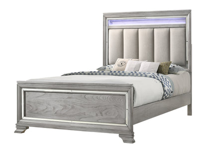 Modern Glam Upholstered Headboard - Light Gray Solid Wood Queen Size Bed