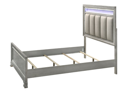 Modern Glam Upholstered Headboard - Light Gray Solid Wood Queen Size Bed
