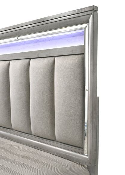 Modern Glam Upholstered Headboard - Light Gray Solid Wood Queen Size Bed