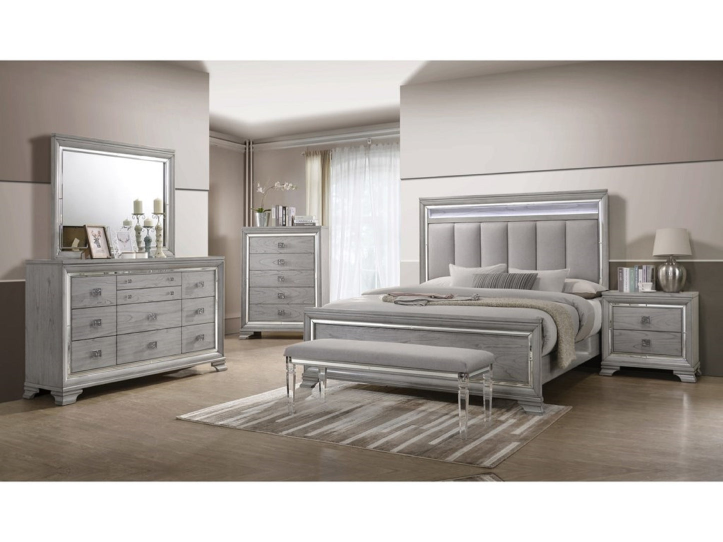 Modern Glam Upholstered Headboard - Light Gray Solid Wood Queen Size Bed