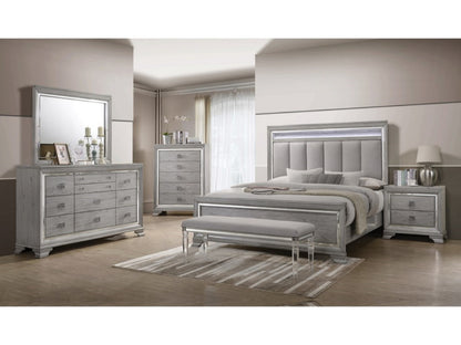 Modern Glam Upholstered Headboard - Light Gray Solid Wood Queen Size Bed