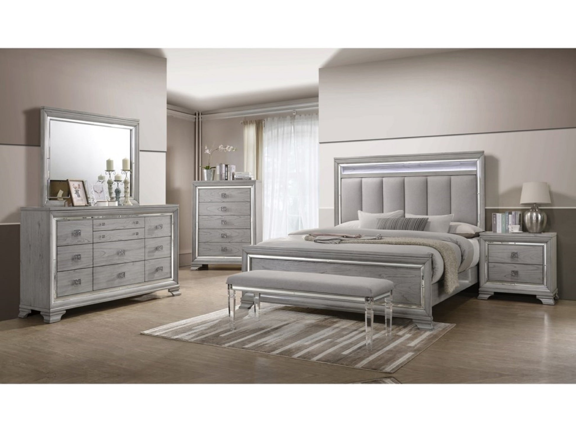 King Solid Wood Upholstered Headboard with LED Light for Luxury Bedroom