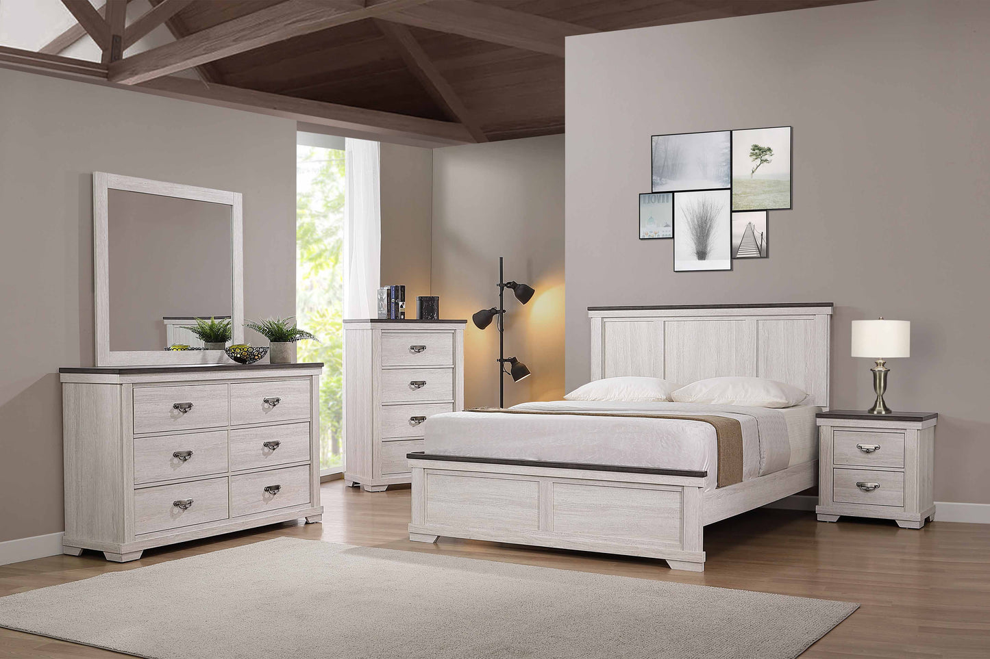 Rustic Farmhouse Wood Panel Bed Frame with Slats and Support Legs for Bedroom