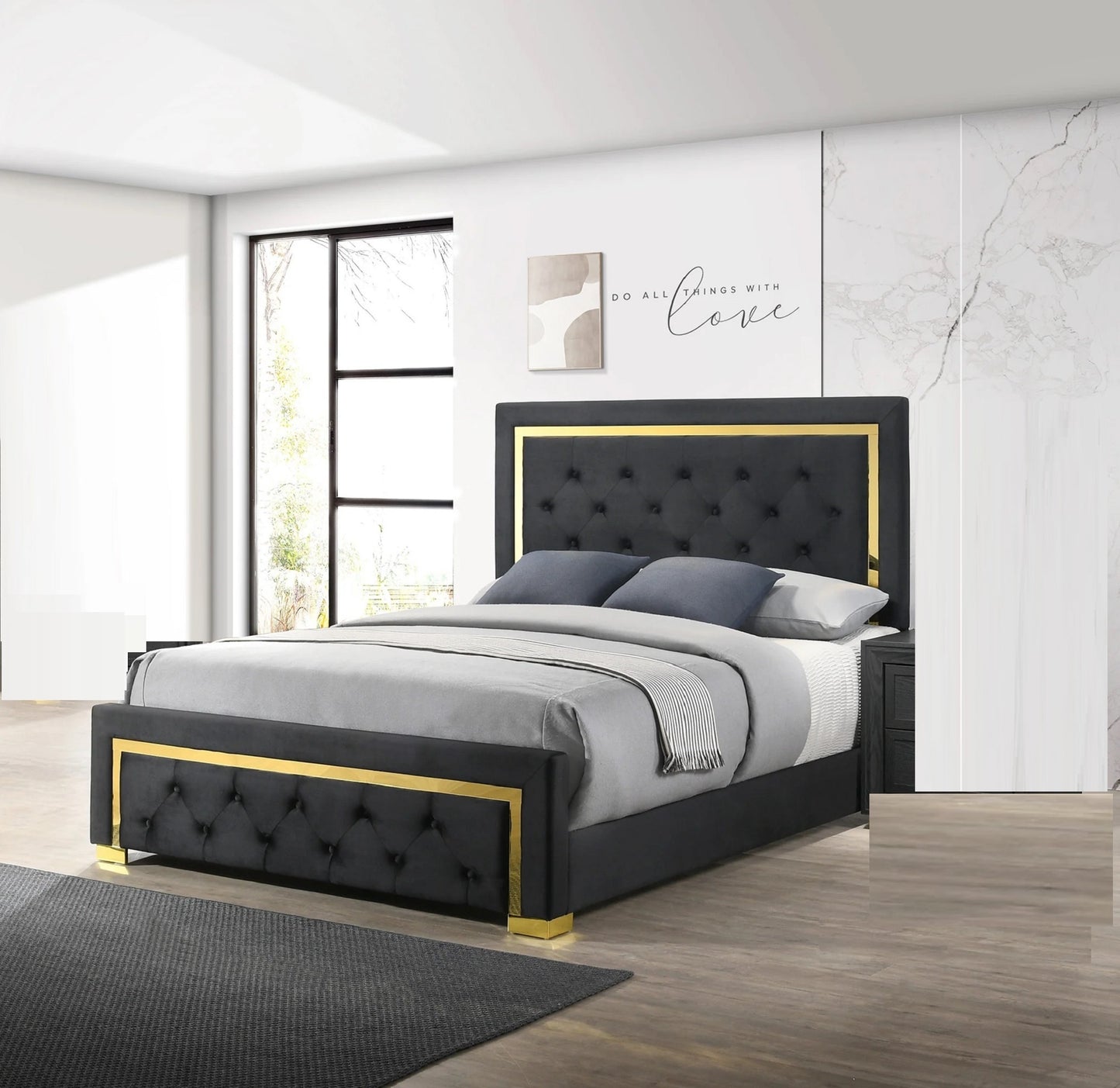 Black Glam Queen Bed with Gold Accents, Black Fabric Upholstery