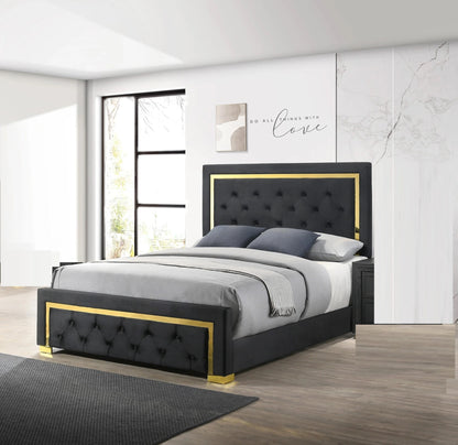 Black Glam Queen Bed with Gold Accents, Black Fabric Upholstery