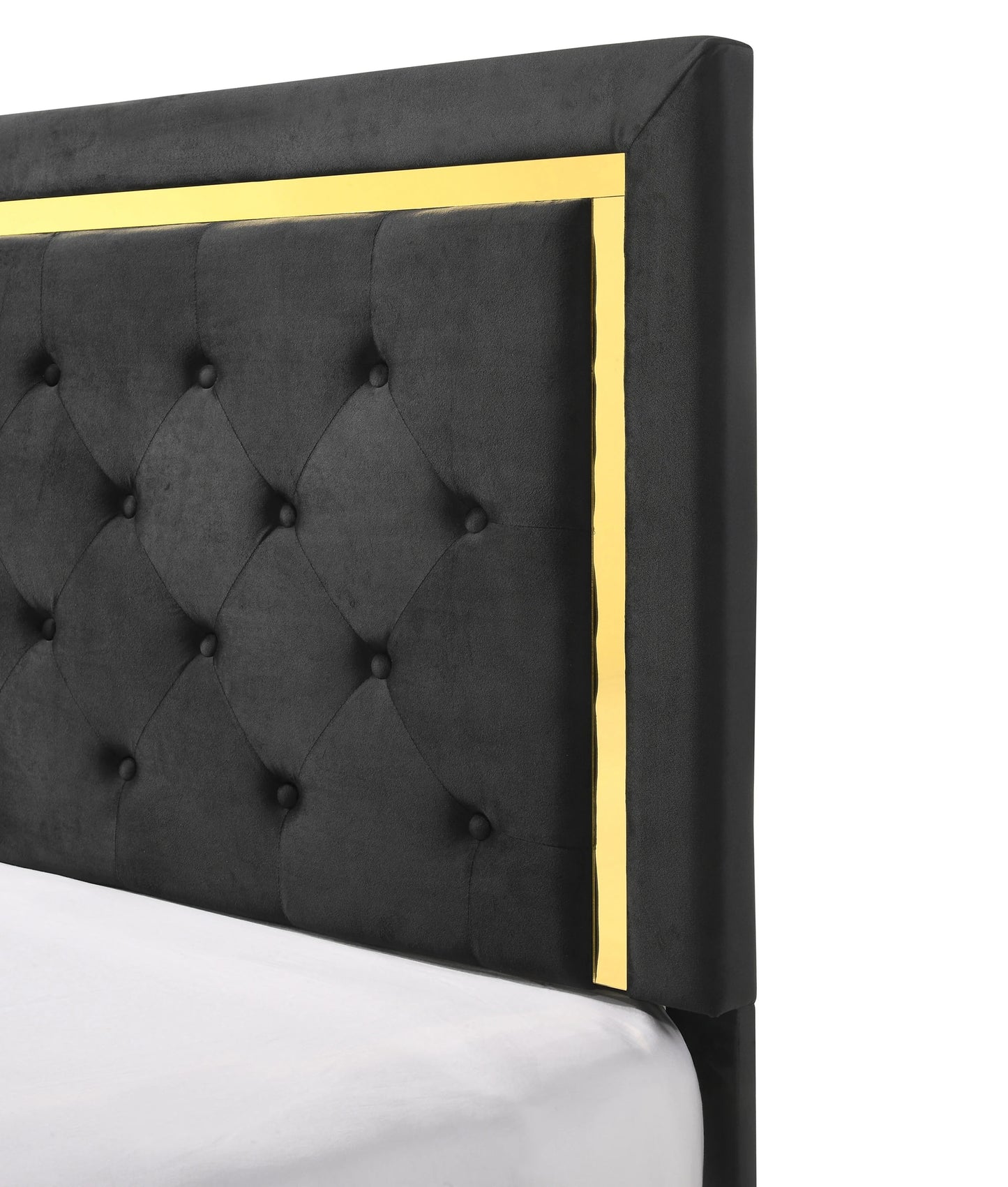 Black Glam Queen Bed with Gold Accents, Black Fabric Upholstery