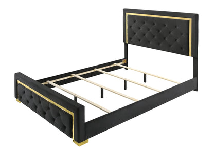 Black Glam Queen Bed with Gold Accents, Black Fabric Upholstery