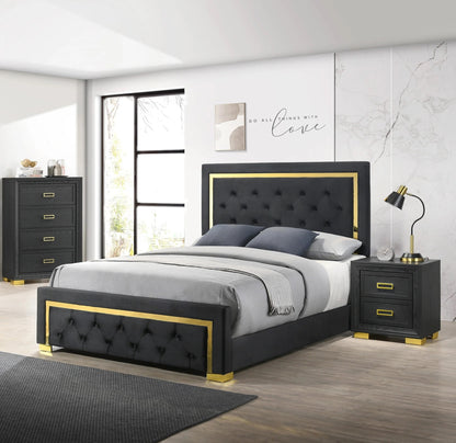 Black Glam Queen Bed with Gold Accents, Black Fabric Upholstery