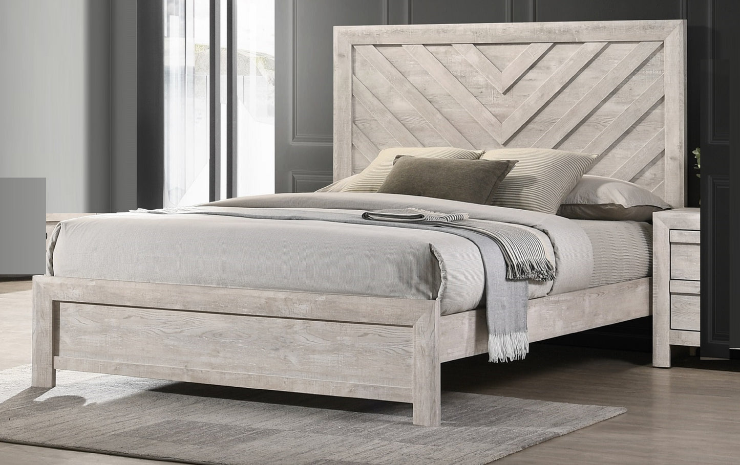 Queen Size Bed Rustic Beige Gray Finish Wooden Frame