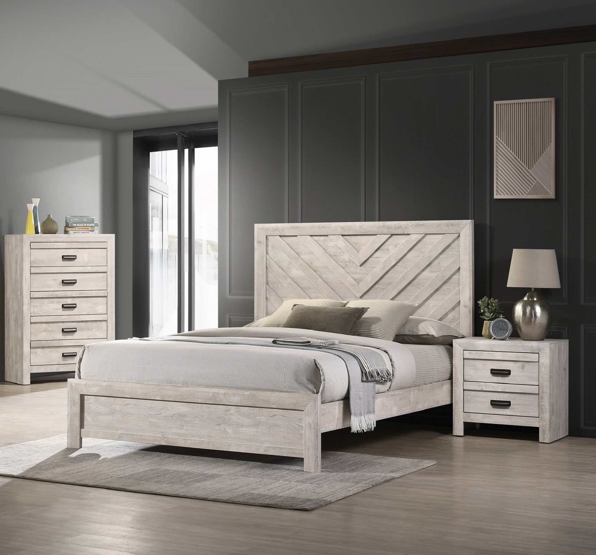 Queen Size Bed Rustic Beige Gray Finish Wooden Frame