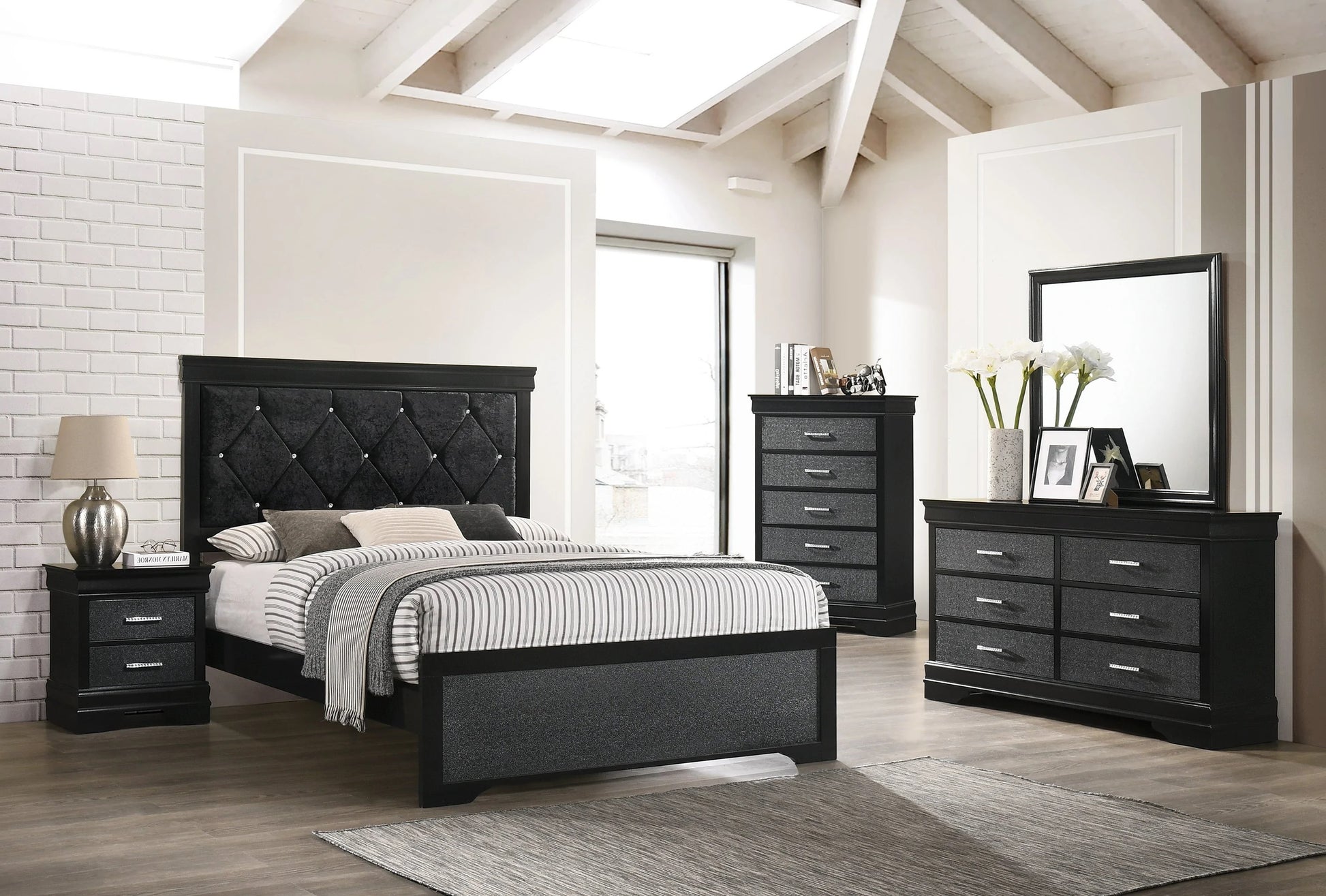 Queen Panel Bed - Black Upholstered Headboard