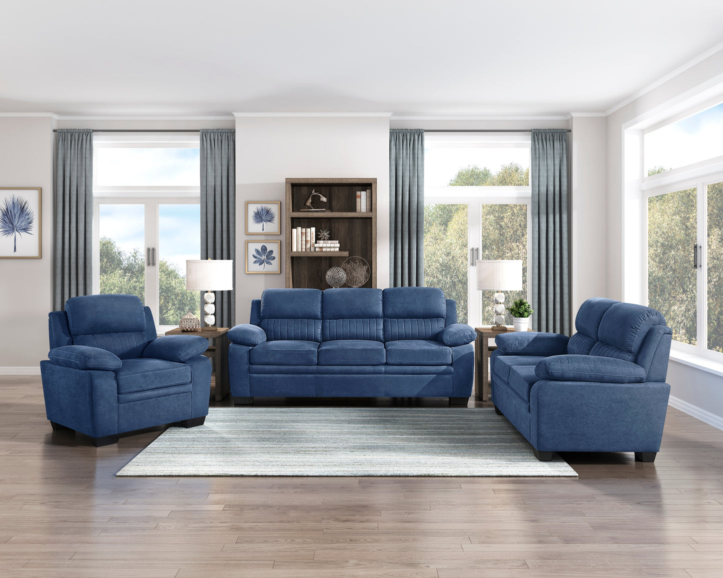 Modern Living Room 3pc Sofa Set Plush Comfortable Sofa Loveseat Chair Blue Textured Fabric Channel Tufting Solid Wood Furniture
