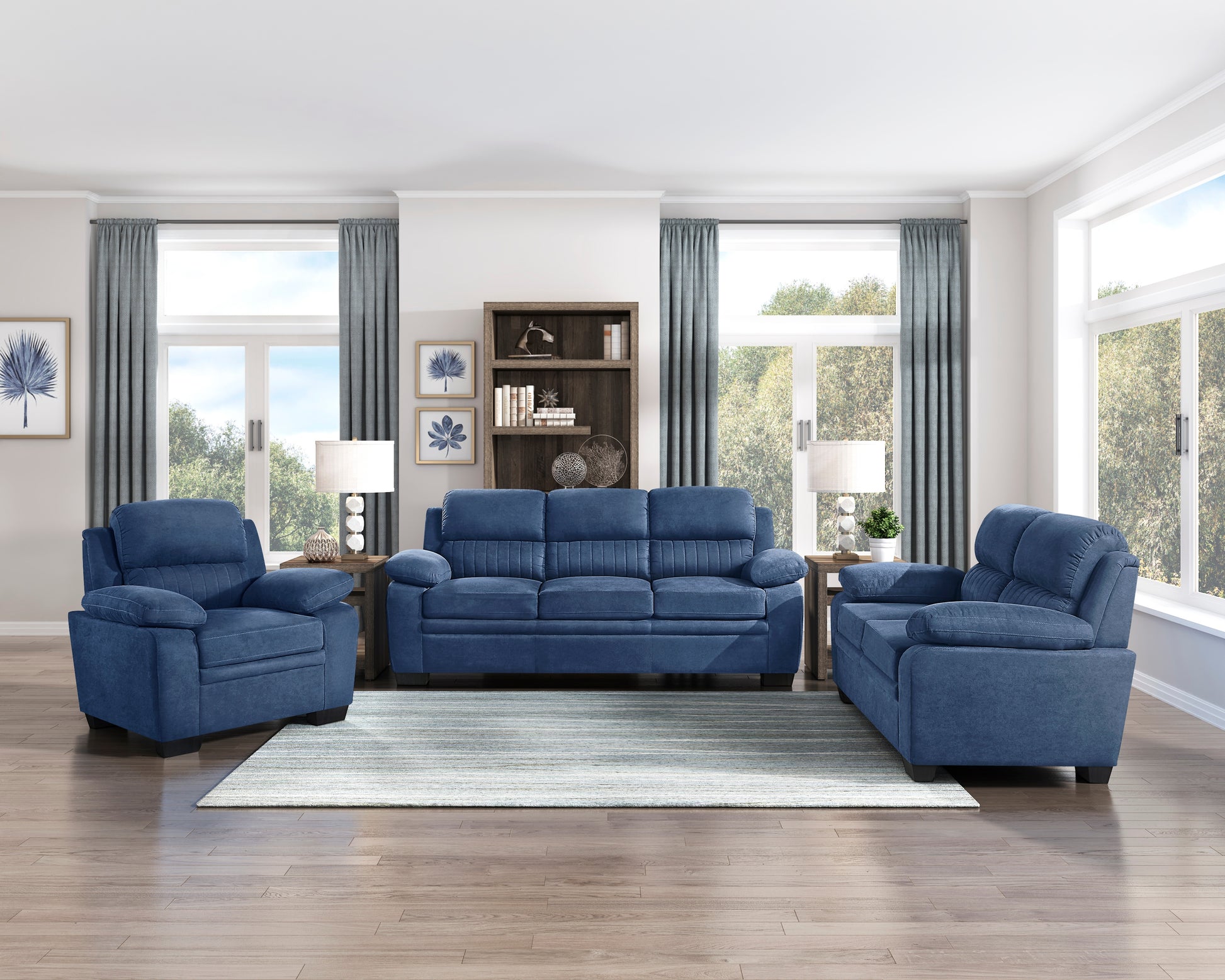 Modern Living Room 3pc Sofa Set Plush Comfortable Sofa Loveseat Chair Blue Textured Fabric Channel Tufting Solid Wood Furniture