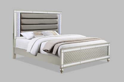 Modern Glam Style Champagne Finish Queen Size Panel Bed White & Blue LED Light Mirror Accents Faux Leather Upholstery Solid Wood Wooden Bedroom Furniture