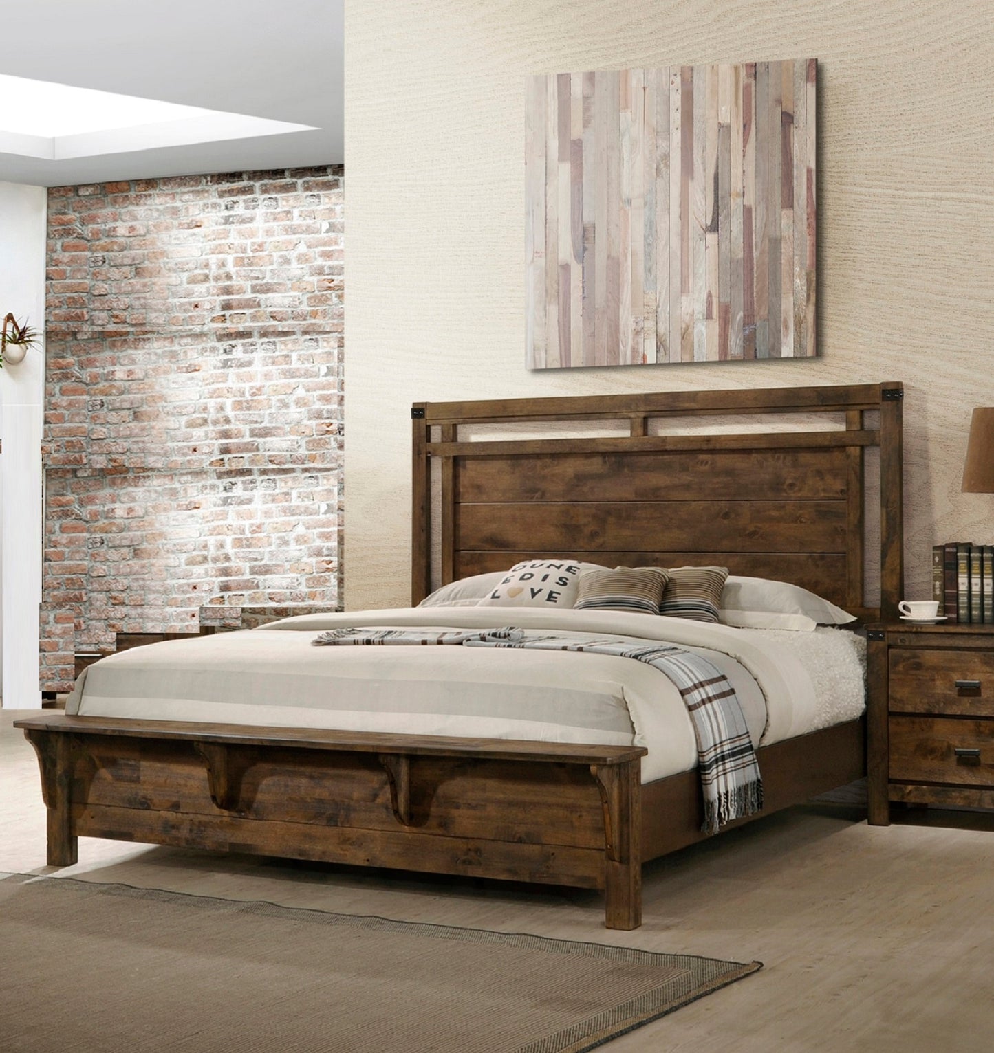 1pc Rustic Industrial Style Brown Finish Queen Size Panel Bed w Built in Bench Footboard Solid Wood Wooden Bedroom Furniture