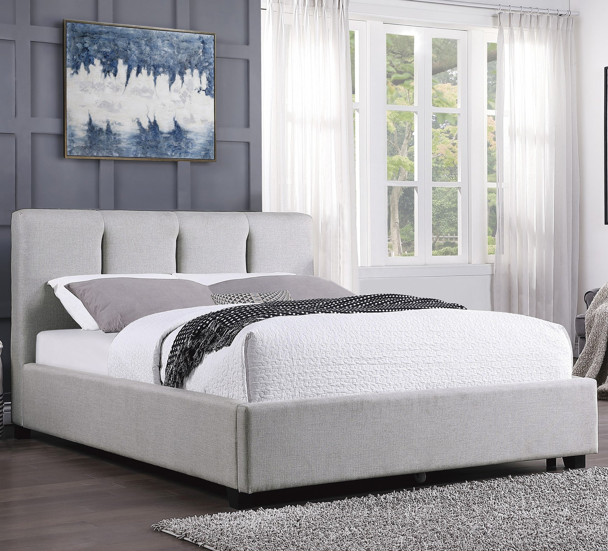 Modern Full Platform Bed Gray Upholstered 1pc Solid Wood and Plywood Frame Bedroom Furniture
