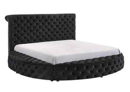 King Size Black Wood Bed Frame Button Tufted Storage Headboard
