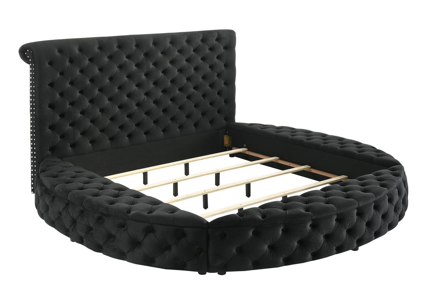 King Size Black Wood Bed Frame Button Tufted Storage Headboard