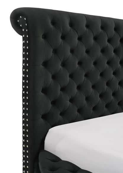 King Size Black Wood Bed Frame Button Tufted Storage Headboard