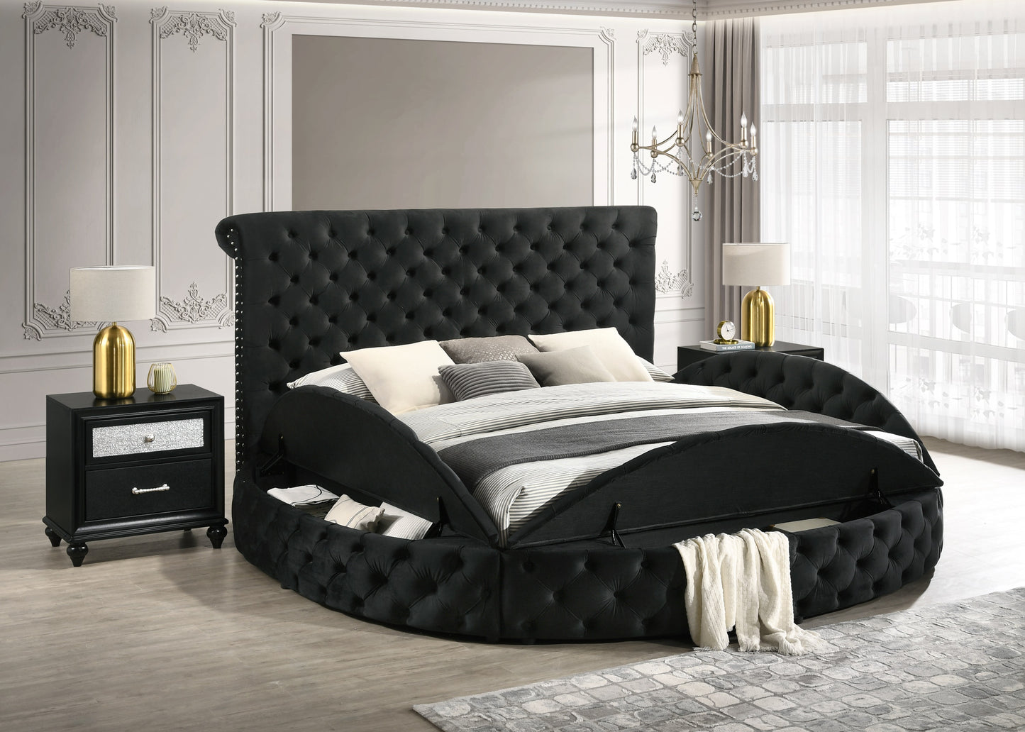 King Size Black Wood Bed Frame Button Tufted Storage Headboard