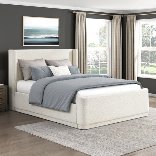 Beige Elegant Queen Platform Bed 1pc Wingback Headboard Durable Plywood Frame Bedroom Furniture Upholstery