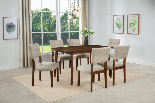 Mid-century Modern 7pc Dining Set Rectangular Table Warm Wood Finish Upholstered Chair Brown Wooden Dining Room Furniture