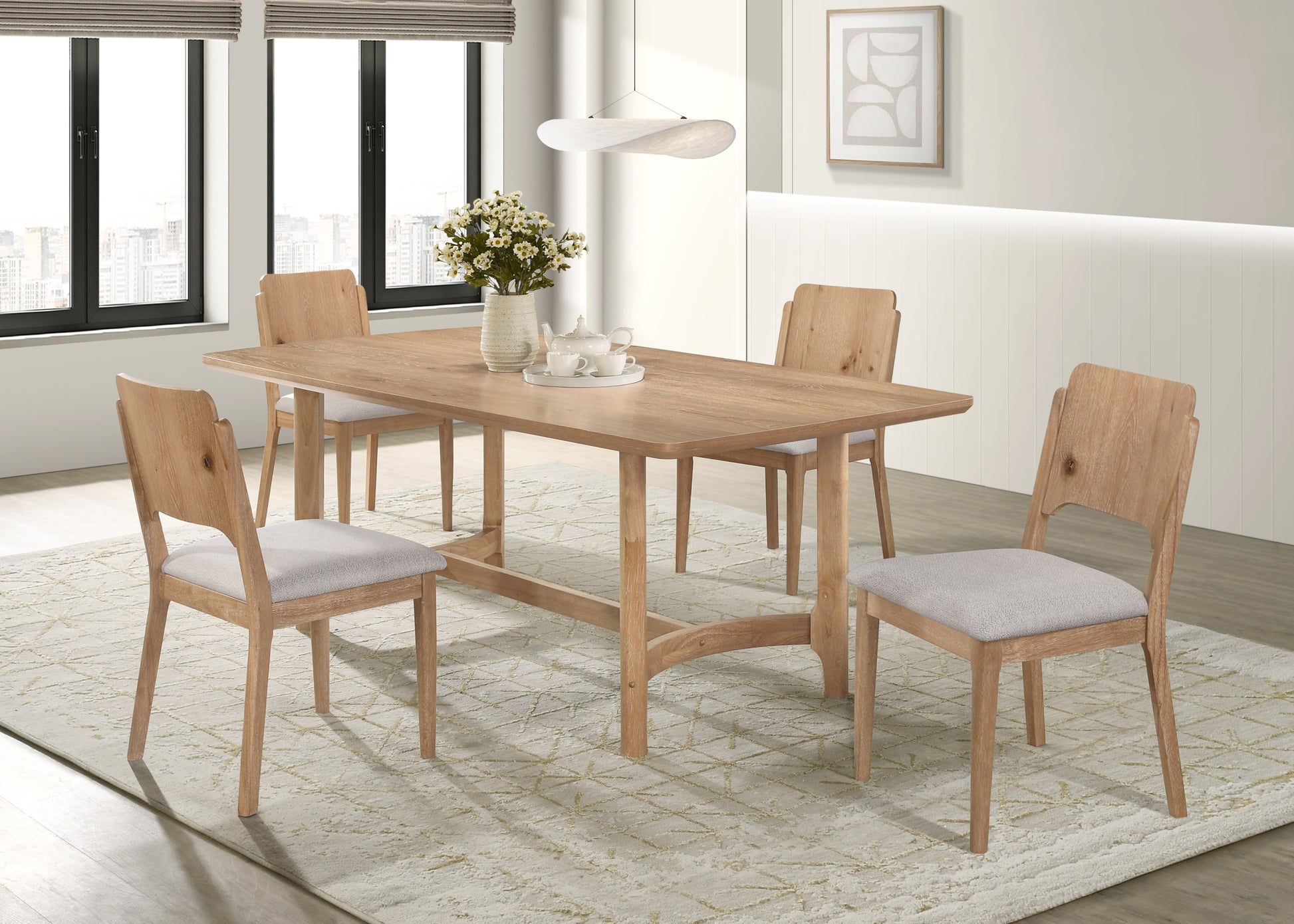 5pc Rectangular Dining Table Chair Set Light Brown Beige Finish Softly Rounded Corners Fabric Upholstered Wooden Dining Room Furniture