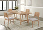 5pc Rectangular Dining Table Chair Set Light Brown Beige Finish Softly Rounded Corners Fabric Upholstered Wooden Dining Room Furniture