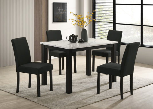 5pc White Faux-marble Top Plush Upholstered Chairs Rich Charcoal Fabric Sleek Black Legs Modern Contemporary