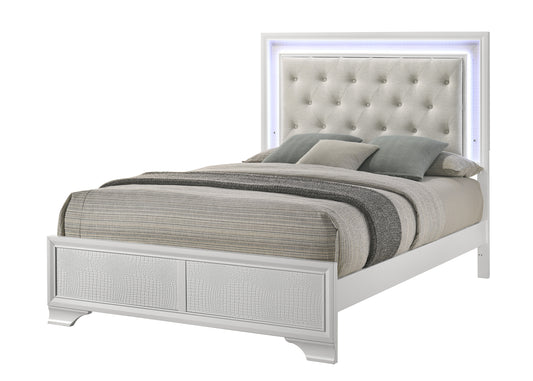 1pc Modern White Textured Finish Tufted Headboard Upholstered Integrated LED Lighting King Size Panel Bed Button Tufted Wooden Bedroom Furniture