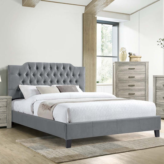 Gorgeous Gray Velvet Queen Size Bed 1pc Bedframe Modern Tufted Upholstered Headboard Bedroom Furniture