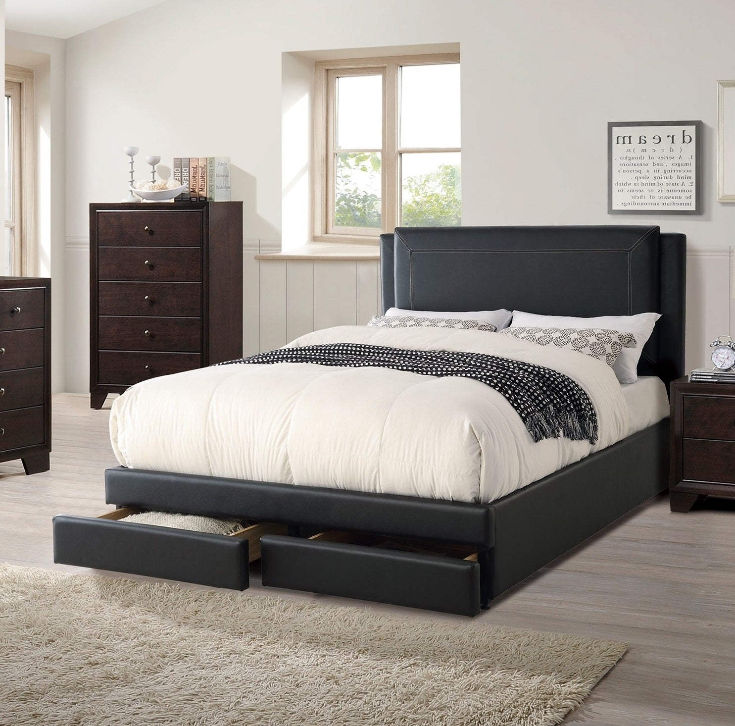 Black Luxurious Queen Size Bed w Storage Drawers FB Modern Faux Leather Upholstered Bedroom Furniture 1pc Bed Set