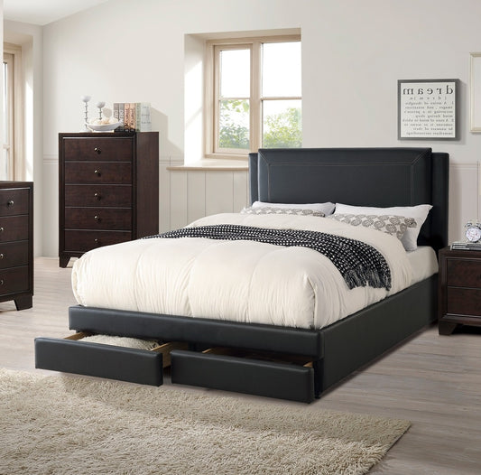 Black Luxurious Queen Size Bed w Storage Drawers FB Modern Faux Leather Upholstered Bedroom Furniture 1pc Bed Set