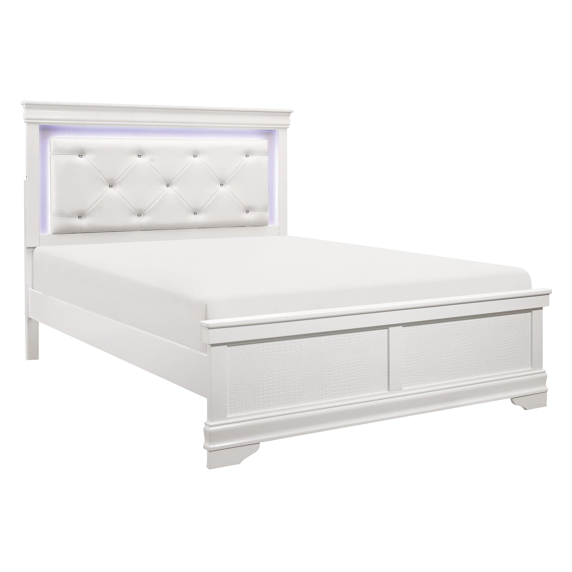 Full Size White Wood Bed Frame with LED Headboard