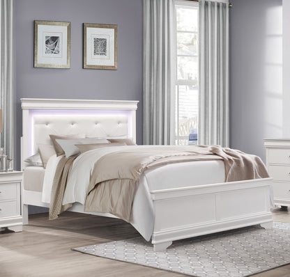 Glam White Finish 1pc Queen Size Bed Upholstered LED Headboard Button-Tufted Alligator Texture Panels Traditional Design Bedroom Furniture