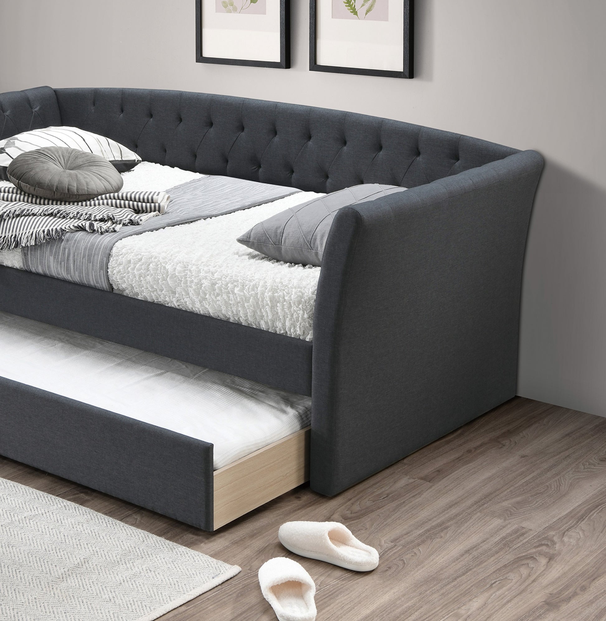 Contemporary Charcoal Burlap Day Bed with Trundle