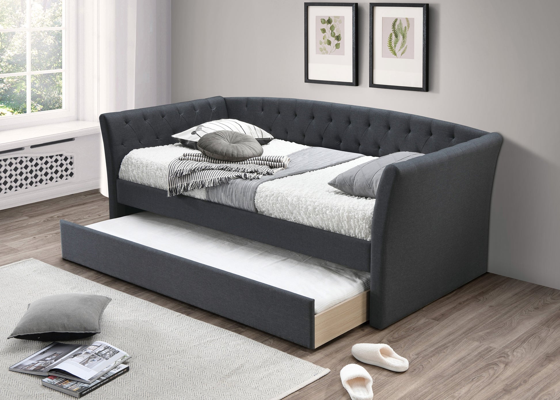 Contemporary Charcoal Burlap Day Bed with Trundle