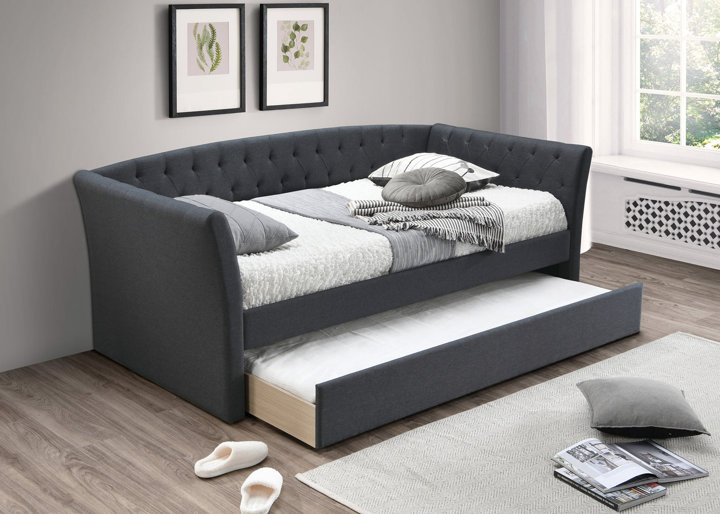 Contemporary Style 1pc Day Bed w/ Trundle Button Tufted Charcoal Finish Slat Included