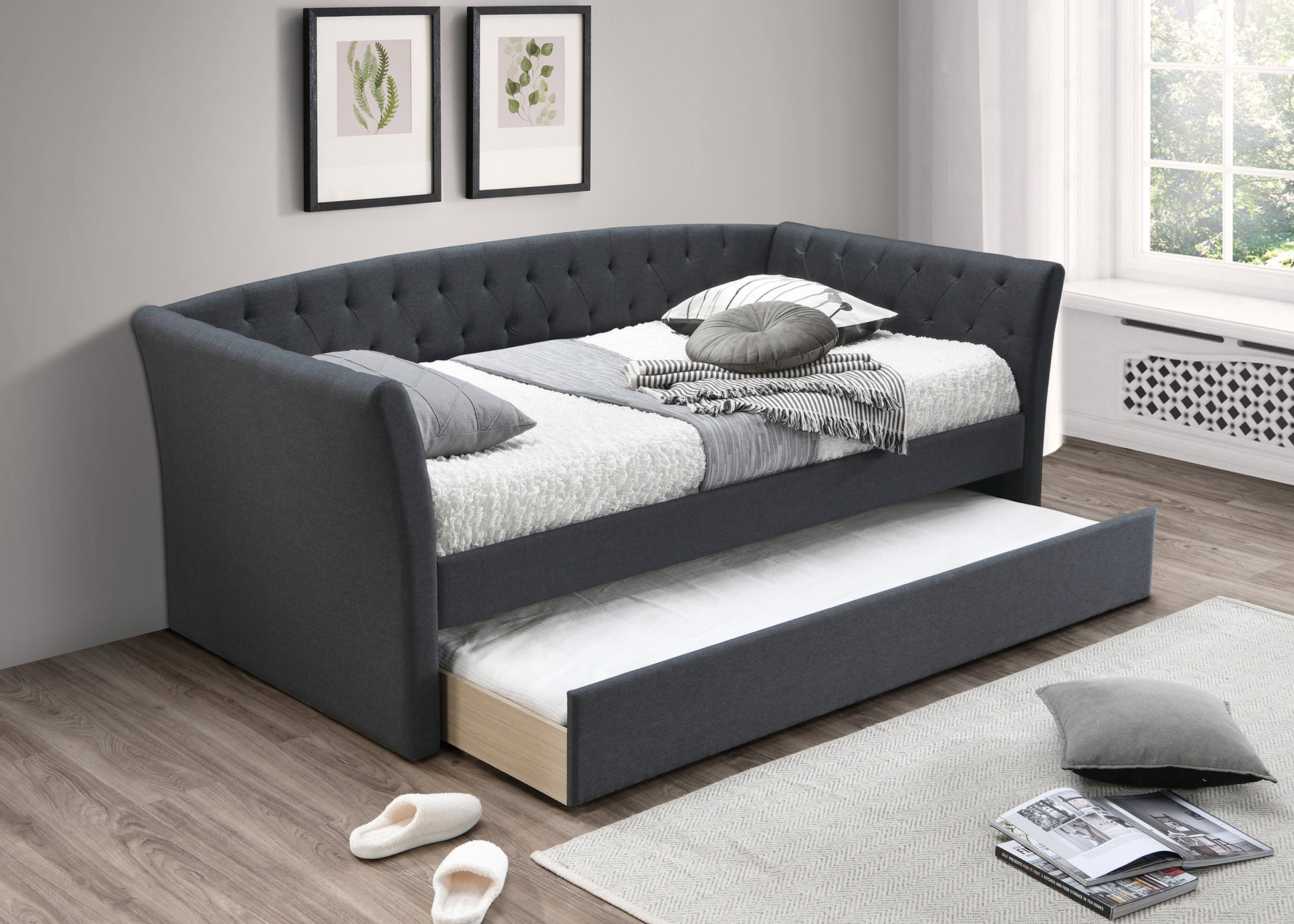 Contemporary Style 1pc Day Bed w/ Trundle Button Tufted Charcoal Finish Slat Included