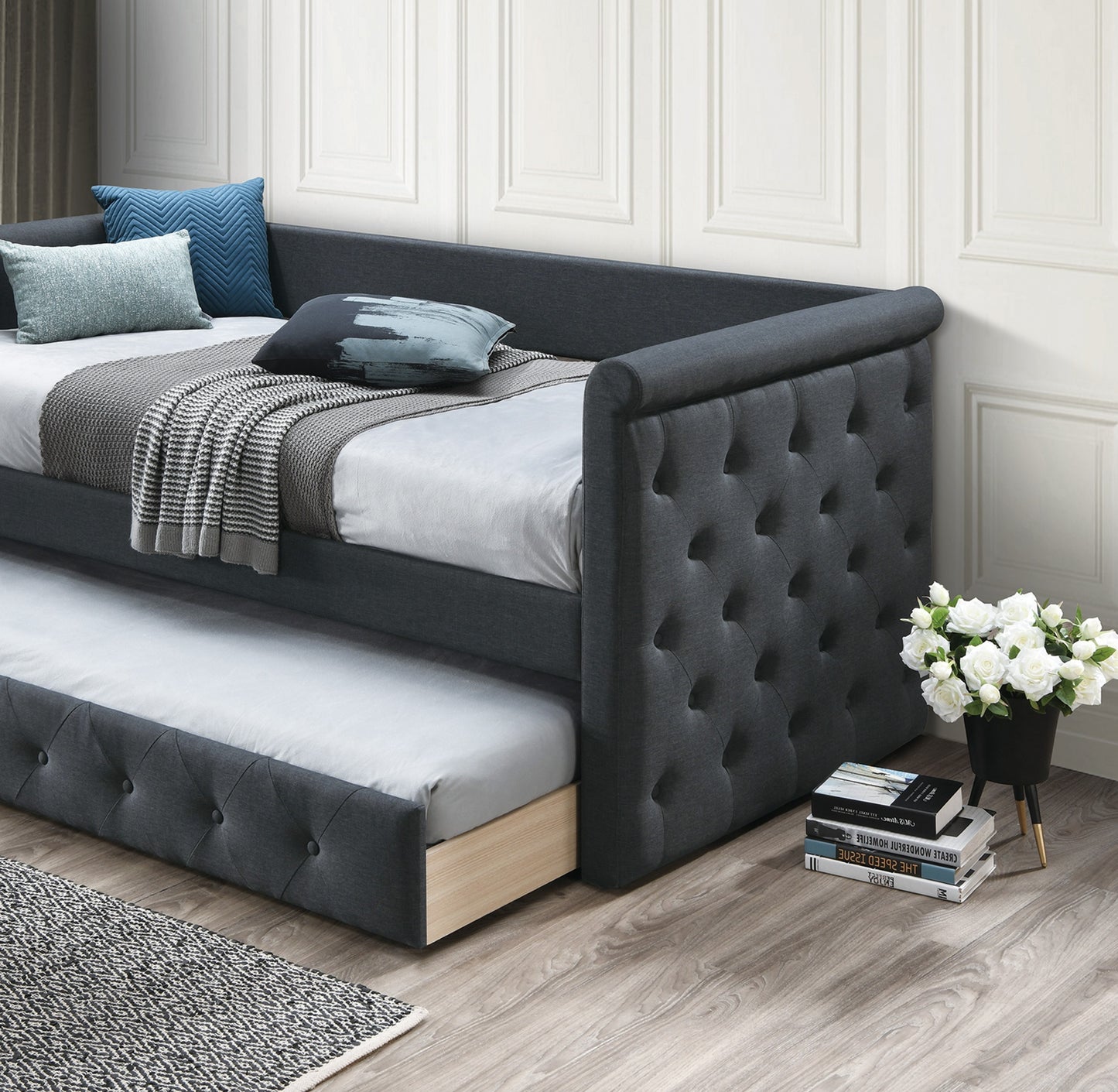 Charcoal Burlap Button Tufted Day Bed for Contemporary Bedroom