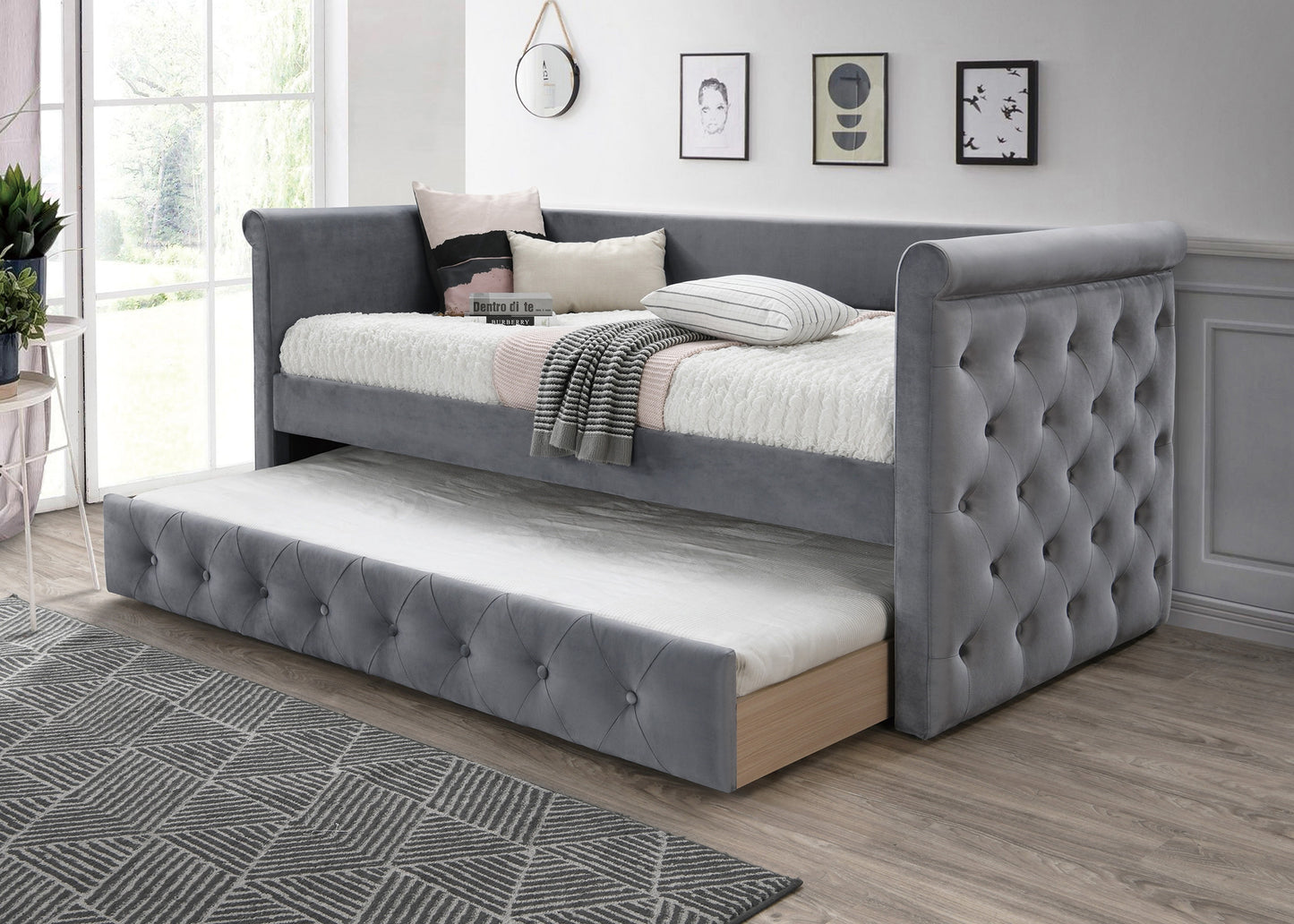 Gray Burlap Button Tufted Day Bed - 86" x 43" for Bedroom