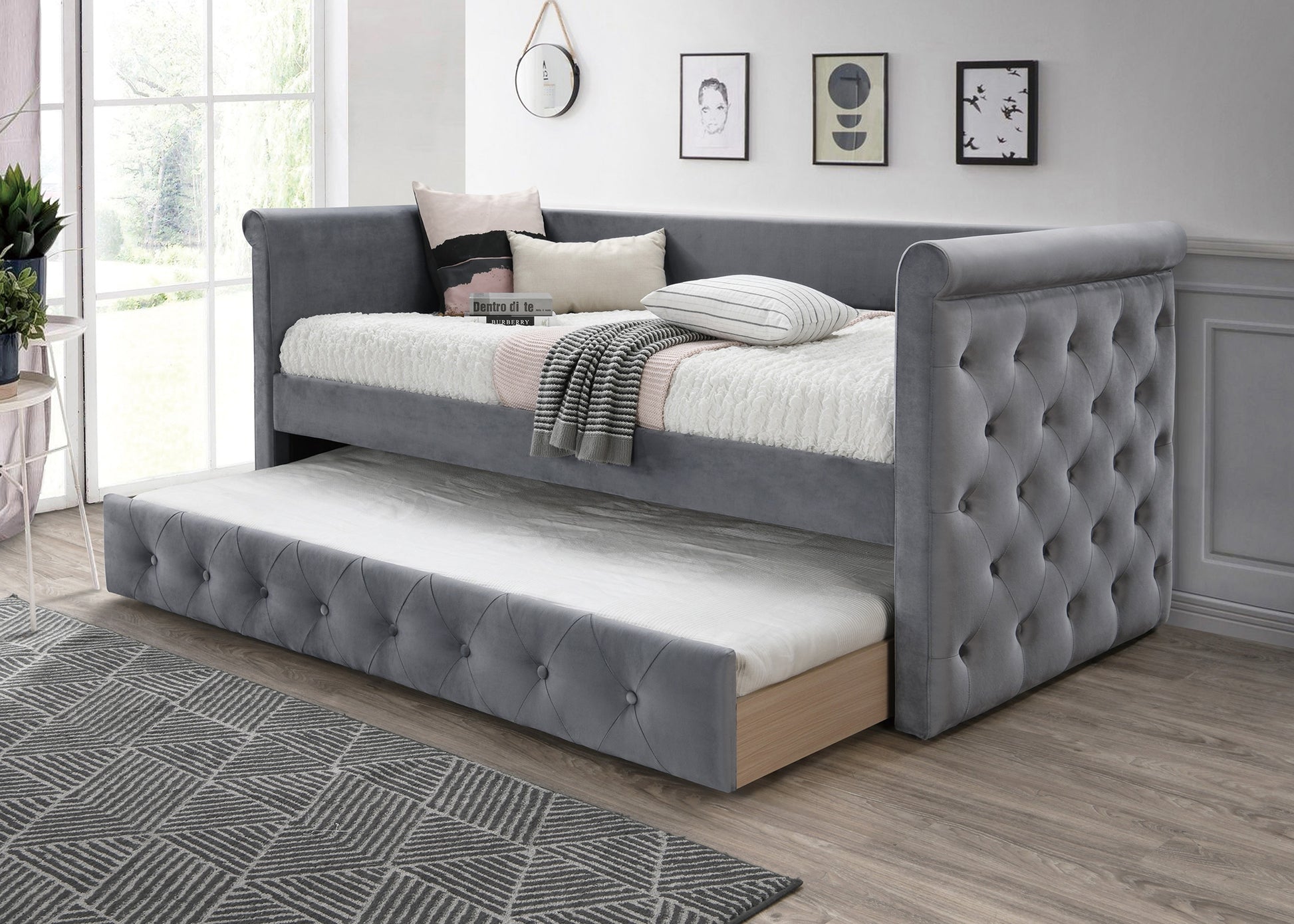 Gray Burlap Button Tufted Day Bed - 86" x 43" for Bedroom
