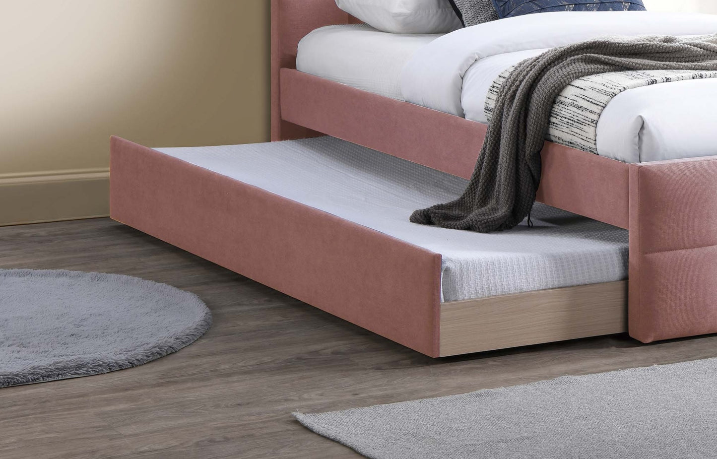 Light Pink Linen Full Size Trundle Bed Frame for Bedroom