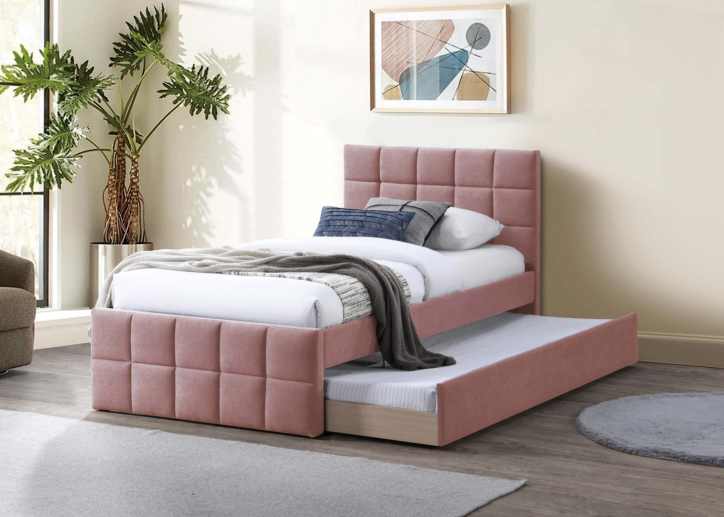 Light Pink Linen Full Size Trundle Bed Frame for Bedroom