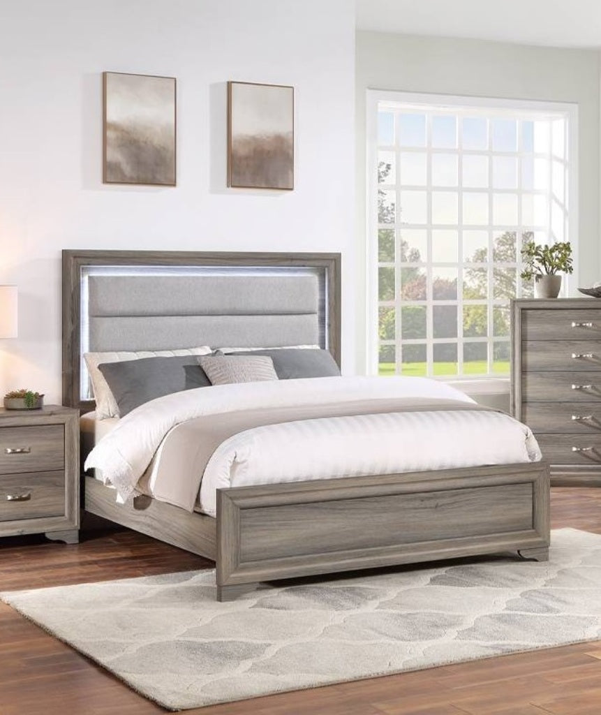 1pc Queen Size Bed Horizontal Tufting Headboard LED Lights Light Brown Finish Bedroom Furniture