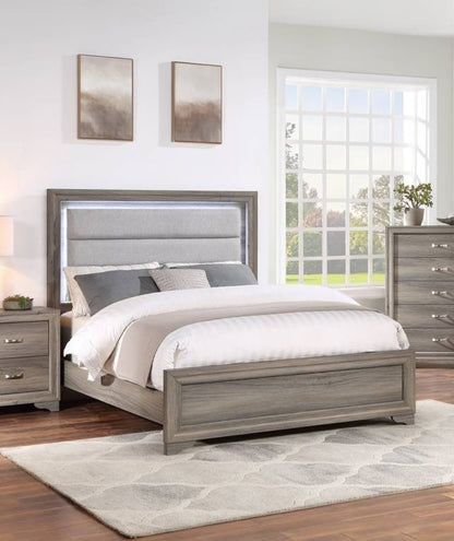 1pc Queen Size Bed Horizontal Tufting Headboard LED Lights Light Brown Finish Bedroom Furniture