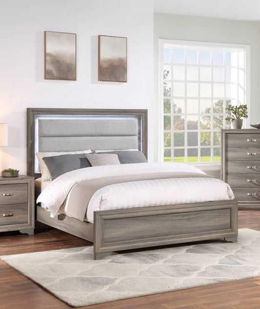 1pc Queen Size Bed Horizontal Tufting Headboard LED Lights Light Brown Finish Bedroom Furniture